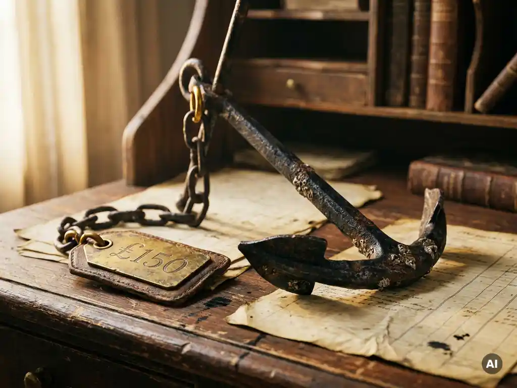 Heavy iron anchor chained to a price tag on a worn wooden merchant's desk, with scattered ledger papers beneath it.
