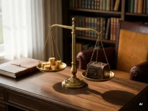 Brass balance scales on a dark walnut desk weighing gold coins against a premium product box in warm amber light.