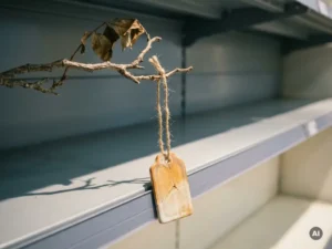 Cracked price tag hanging from a withered product on an empty retail shelf, muted grey and amber tones with soft directional shadows.