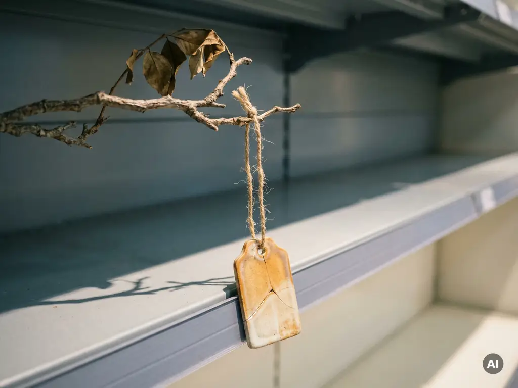 Cracked price tag hanging from a withered product on an empty retail shelf, muted grey and amber tones with soft directional shadows.