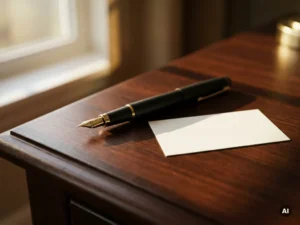 Matte-black fountain pen with gold nib resting on polished mahogany desk beside a white business card in warm light.