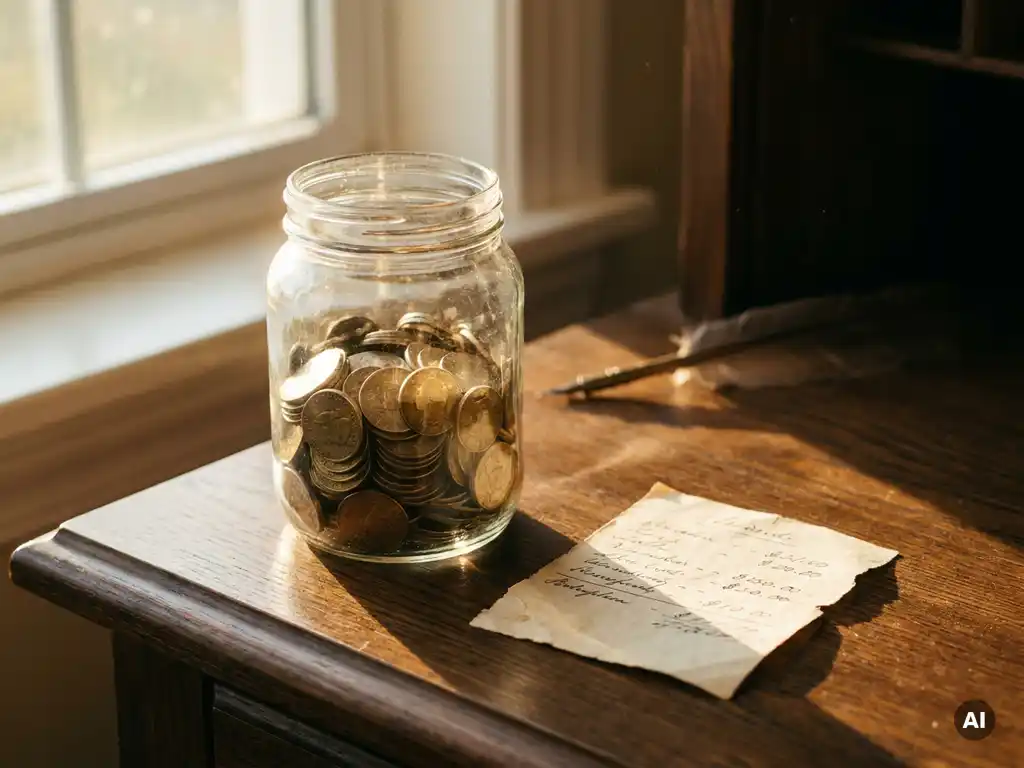 Glass jar of golden coins on a polished oak desk beside a handwritten receipt, bathed in warm afternoon sunlight.