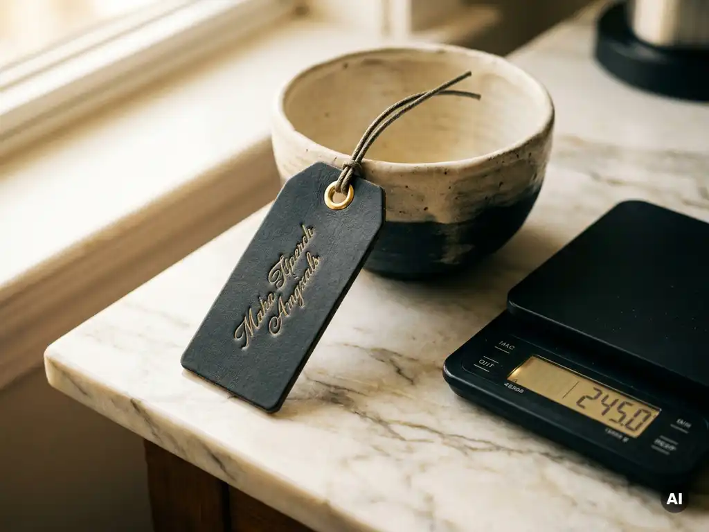 Leather price tag beside a handcrafted artisan product on a digital scale, warm golden light on polished marble surface.