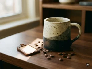 Handcrafted ceramic mug on polished walnut desk with a blank leather price tag and scattered coffee beans in warm natural light.