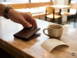 Hand reaching for a premium leather wallet beside a ceramic espresso cup on a warm marble countertop with soft natural light.