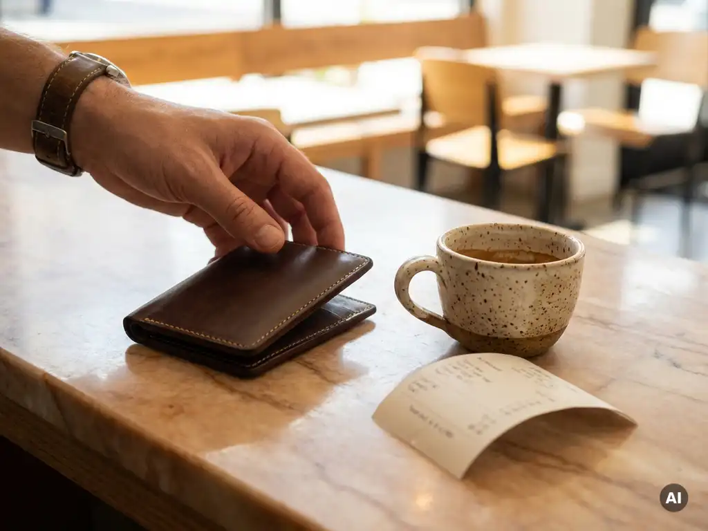 Hand reaching for a premium leather wallet beside a ceramic espresso cup on a warm marble countertop with soft natural light.