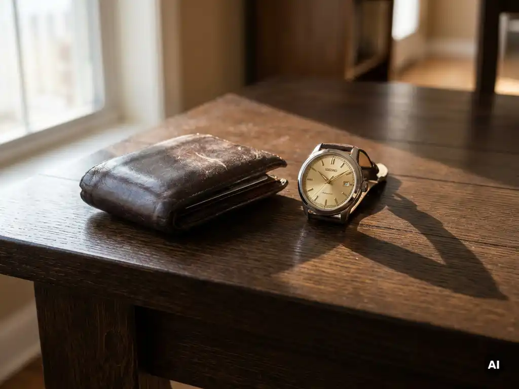 Worn leather wallet beside a handcrafted watch on dark oak, soft window light highlighting textures of cost versus value.