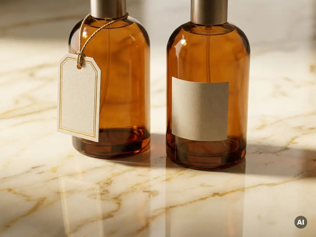 Luxury glass perfume bottle with gold price tag beside identical bottle with paper sticker on polished marble surface.