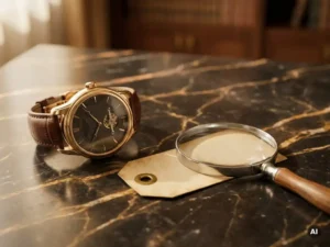 Luxury wristwatch beside a price tag on polished marble, magnifying glass highlighting the tag in warm golden light.