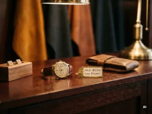 Luxury wristwatch on polished mahogany retail counter beside a sale price tag, warm amber lighting with shallow depth of field.