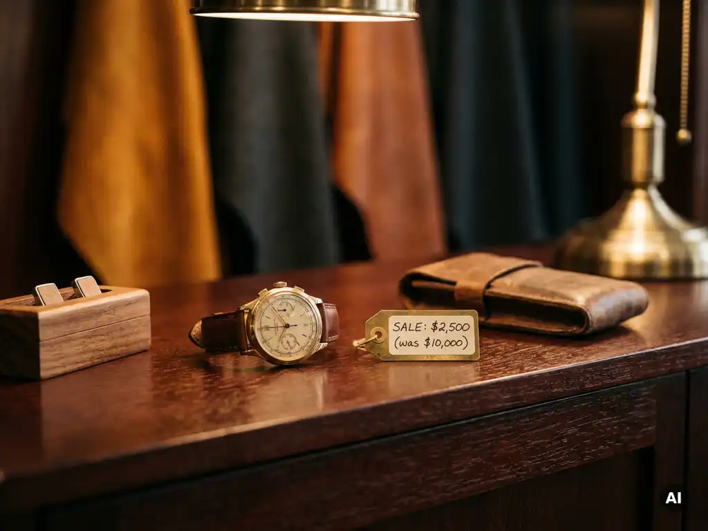 Luxury wristwatch on polished mahogany retail counter beside a sale price tag, warm amber lighting with shallow depth of field.