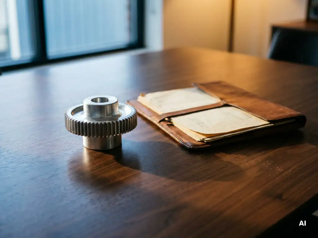 Precision-machined metal component beside an open leather-bound service contract on a polished conference table, warm amber and cool blue tones.
