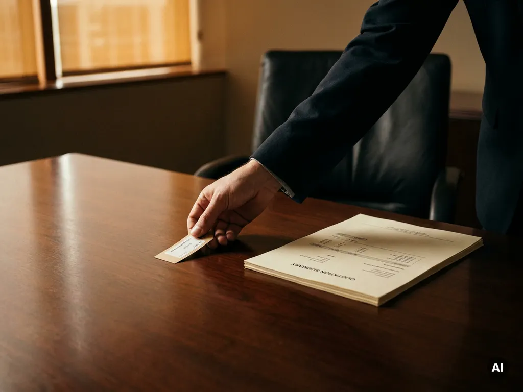 Hand pushing away a price tag across a polished boardroom table, printed quote document nearby, leather chair in background.