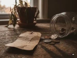 Crumpled price tag beside a near-empty glass jar with scattered coins on a weathered wooden desk, symbolizing financial decline.