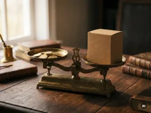 Vintage brass balance scale weighing gold coins against a minimalist product box on a dark walnut desk, warm amber lighting.